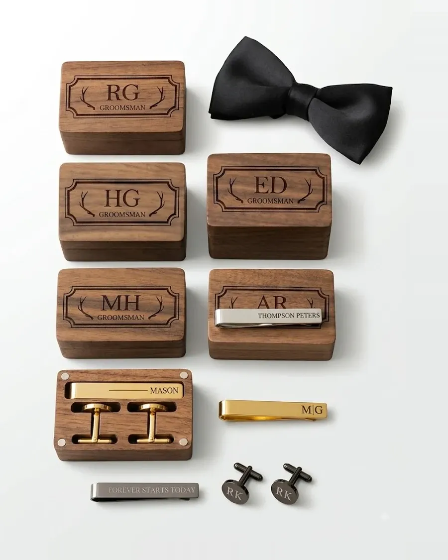 Wooden Cuff Link and Tie Clip Gift Box by Thomsen Customs